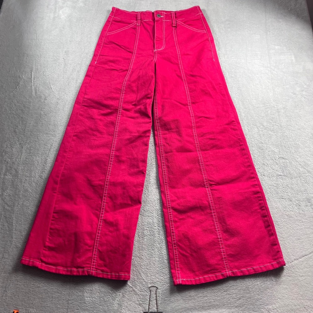 Maeve Anthropologie Pink Wide Leg Contrast Stitch Pants 27P Magenta High Rise